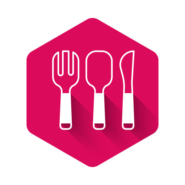 白色叉子，勺子和刀图标孤立与长阴影背景。烹饪用具。餐具的迹象。粉红色的六角按钮。向量图片下载