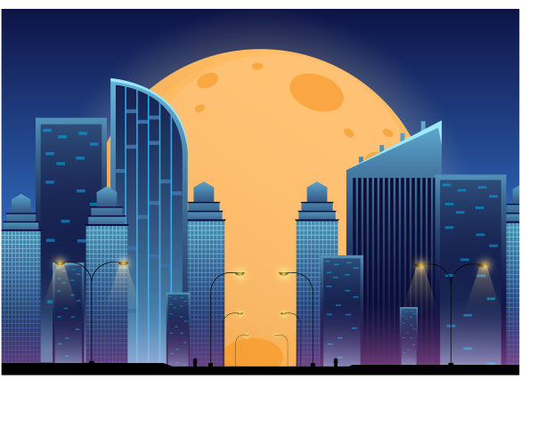 夜晚卡通背景与建筑和月亮图片下载