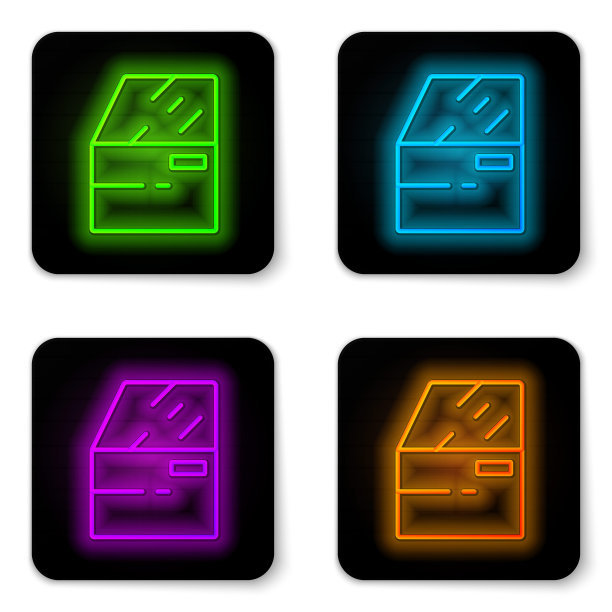 发光的霓虹灯线车门图标孤立在白色背景。黑色方形按钮。向量图片下载