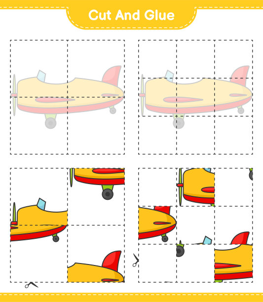 切胶，切平面的部分并粘上。教育儿童游戏，可打印的工作表，矢量插图图片下载