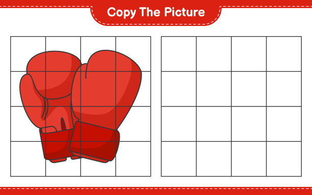 复制图片，使用网格线复制拳击手套的图片。教育儿童游戏，可打印的工作表，矢量插图图片下载