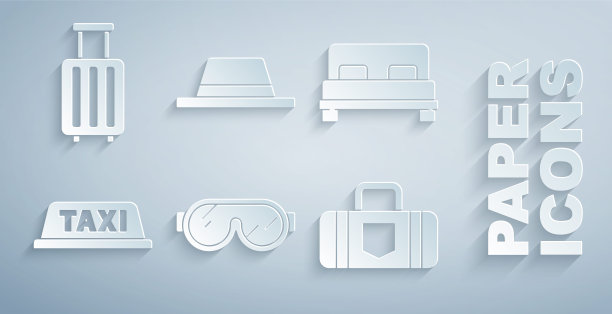 滑雪护目镜，大床，出租车车顶，手提箱，带丝带和图标的男人帽子。向量图片下载