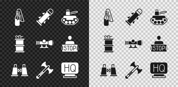 设置鸡尾酒燃烧弹，火箭，军用坦克，望远镜，战斧，总部，手烟雾弹和狙击手光学瞄准器图标。向量图片下载