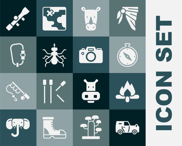 出发公路汽车，篝火，指南针，犀牛，蚊子，卡宾枪，狙击手光学瞄准器和相机图标。向量图片下载