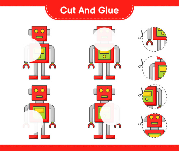 剪切和粘贴，剪切机器人角色的部分并粘贴。教育儿童游戏，可打印的工作表，矢量插图图片下载