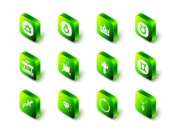 设置火星，国王王冠，生命，双子座生肖，项链与水晶，基督十字架，衔尾蛇和钻石图标。向量图片下载