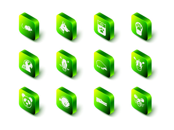 设置狗头，袋食物，爪印，犀牛，老鼠，刺猬，鳄鱼和河豚鱼的图标。向量图片下载