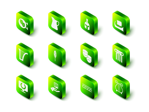 集瓶橄榄油，希腊头盔，三柱，古圆柱，七弦琴，喜剧和悲剧面具，图案和图标。向量图片下载