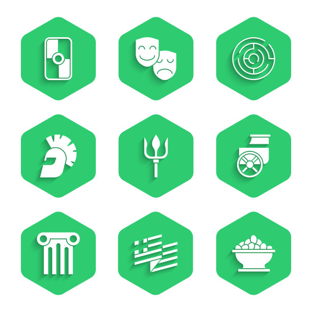 设置海神三叉戟，希腊国旗，橄榄碗，古代战车，圆柱，希腊头盔，牛头怪迷宫和盾牌图标。向量图片下载