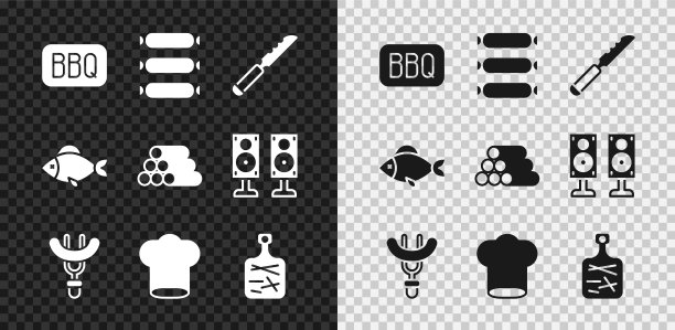 设置烧烤，香肠，面包刀，叉子，厨师帽，砧板，鱼和木头图标。向量图片下载