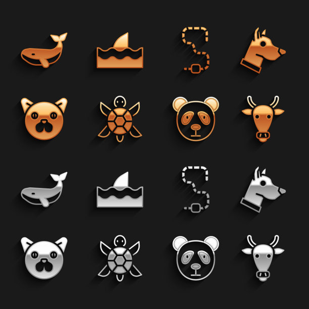 集合海龟，狗头，牛，可爱的熊猫脸，猫，蠕虫，鲸鱼和鲨鱼鳍的海浪图标。向量图片下载