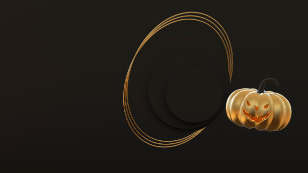 万圣节贺卡或派对邀请。黑色背景上有金色的南瓜和金色的戒指。横幅3d插图与复制空间。万圣节的金色南瓜在黑色，最小的场景。万圣节节日，感恩节概念。图片下载