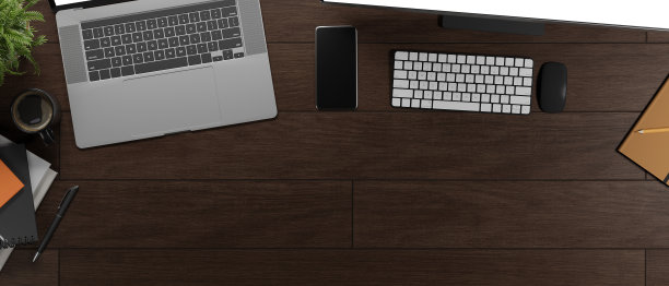 在木桌上有电脑、智能手机和笔记本电脑的现代工作区。3 d演示。图片下载