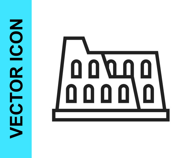 黑线罗马竞技场，意大利图标孤立在白色背景。罗马圆形大剧场的迹象。古罗马的象征，角斗士战斗。向量图片下载