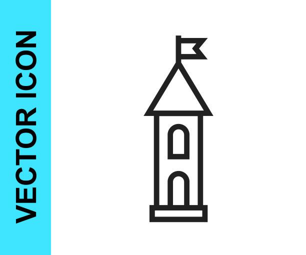 黑线城堡塔图标孤立在白色的背景。堡垒的迹象。向量图片下载