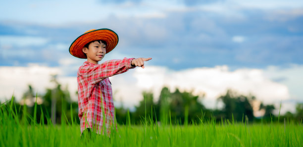孩子们站在蓝天背景下的有机农田里指指点点图片下载