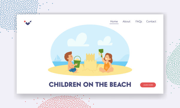 儿童在海滩登陆页模板。男孩和女孩在海边建筑沙城堡。孩子们在假期里玩得很开心图片下载