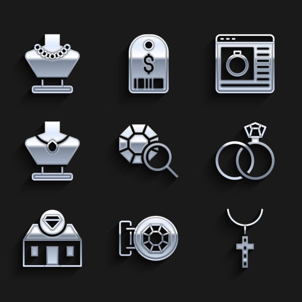 集合宝石，珠宝店，基督教十字链，结婚戒指，项链人体模型，网上购物和图标。向量图片下载