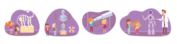 孩子们在博物馆之旅。孩子们在看天文学，恐龙骨骼，科学，骑士盔甲矢量插图。学校旅行的场景。科学和教育展览图片下载