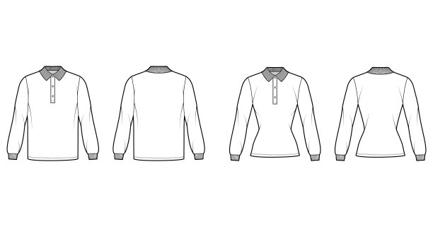 套衬衫polo技术时尚插图与长袖，合身的超大身体，亨利纽扣脖子，领图片下载