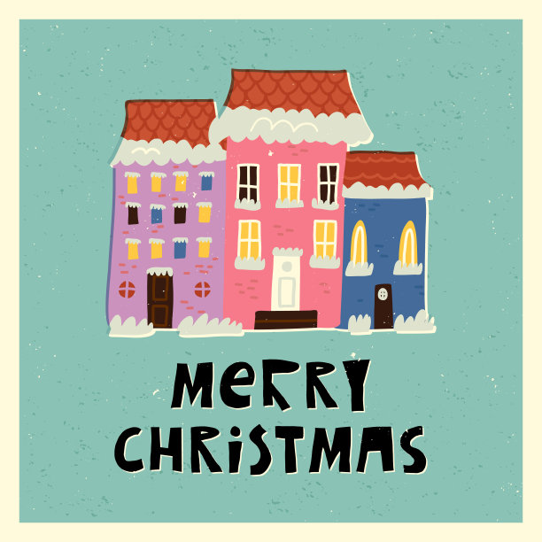 圣诞快乐的字母和可爱的古老的欧洲房子在雪。平安夜温馨的贺卡，冬日的城市景观，建筑立面。图片下载