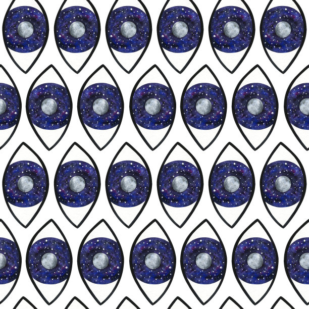 宇宙就在眼前。抽象无缝图案与瞳孔中的月亮和空间。白色背景上的时尚装饰。装饰印花与神秘的水彩插图图片下载