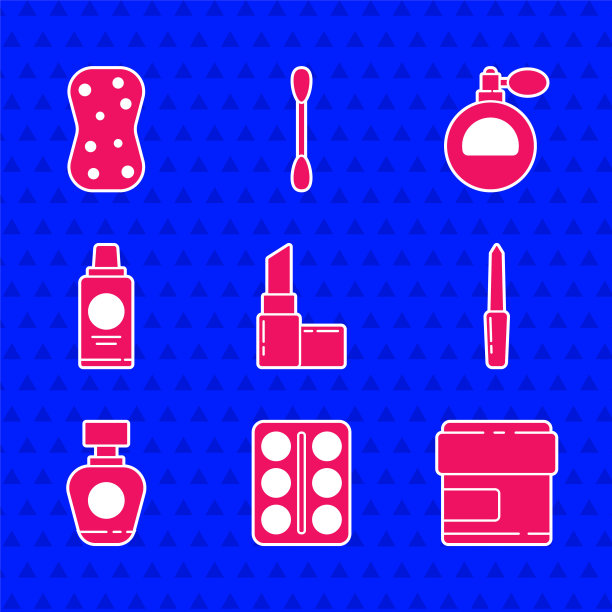 设置唇膏，眼影调色板，霜或乳液化妆品管，指甲锉刀，香水，洗发水瓶，海绵泡沫图标。向量图片下载