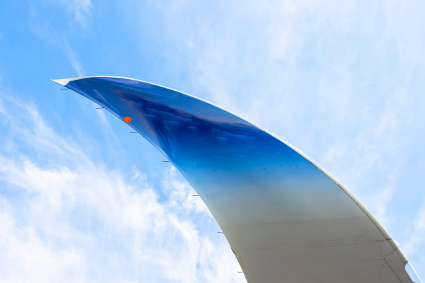 小翼以蓝天白云为背景，尖尖的尾翼。图片下载