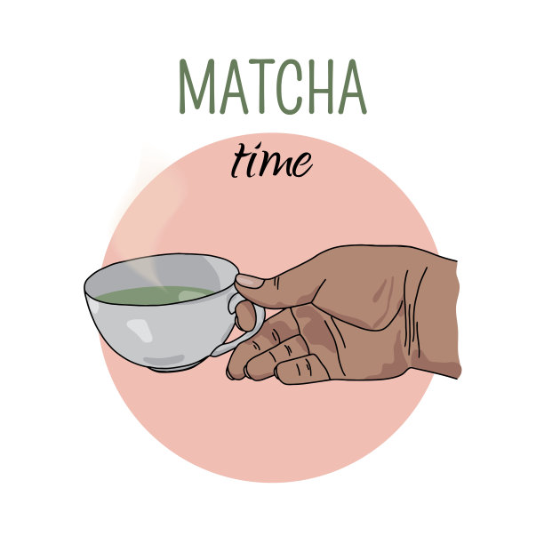 白色茶杯里的抹茶，手里拿着。矢量插图的热饮与蒸汽在一个卡通风格的粉红色圆圈的背景。比赛时间。图片下载