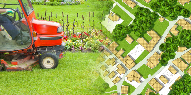 城市园林设计，用割草机在公园里割草和想象中的城市地图重新连接自然和城市的概念图片下载