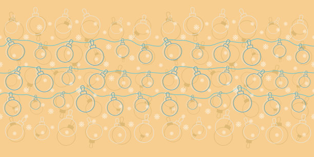 蓝色、橙色和灰白色的挂着雪花的圣诞球，水平边框。图片下载