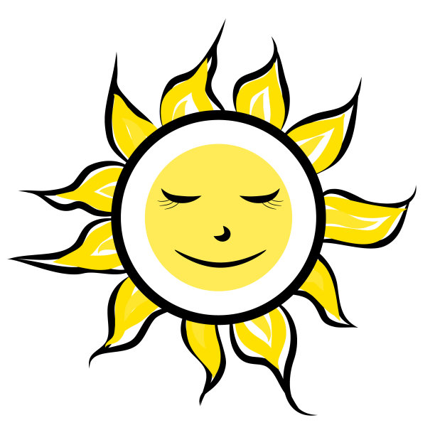 可爱的太阳在黑色和黄色，涂鸦风格，孤立在白色背景。太阳带着光芒，花带着花瓣，向日葵。抽象的卡通人物。积极,微笑的脸。孩子们说明图片下载