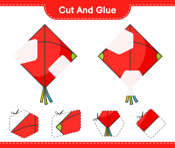剪切和胶水，切风筝的部分，并胶水。教育儿童游戏，可打印的工作表，矢量插图图片下载