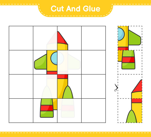 切割和粘合，切割火箭的部分并粘合它们。教育儿童游戏，可打印的工作表，矢量插图图片下载