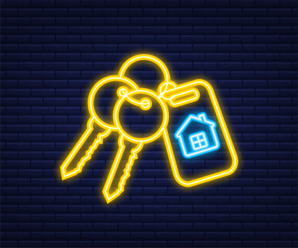 租房子，概念。房地产经纪人从家里拿着钥匙。霓虹风格。矢量插图。图片下载