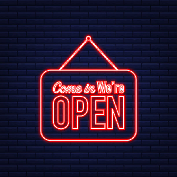 进来，我们挂着招牌。签约的门。霓虹灯图标。矢量插图。图片下载