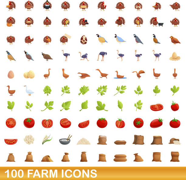 100个农场图标设置卡通风格图片下载