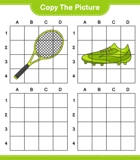 复制图片，复制网球拍和足球鞋的图片使用网格线。教育儿童游戏，可打印的工作表，矢量插图图片下载