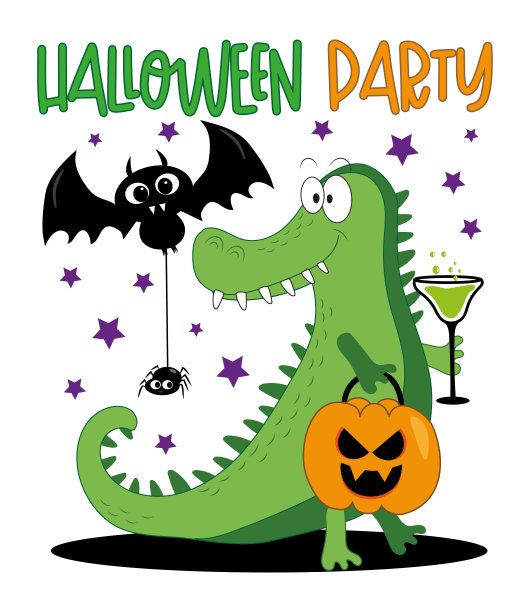 万圣节派对-快乐的蝙蝠，蜘蛛和可爱的短吻鳄与南瓜和长生不老药。图片下载