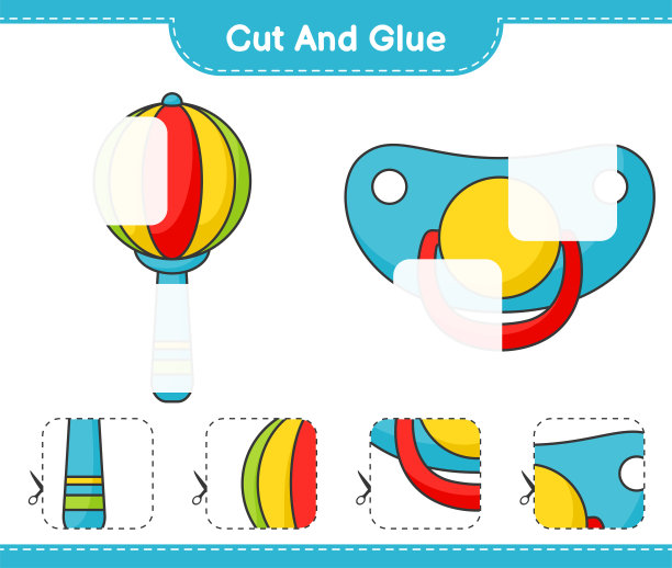 剪切和胶水，剪切部分婴儿摇响器和奶嘴。和胶水。教育儿童游戏，可打印的工作表，矢量插图图片下载