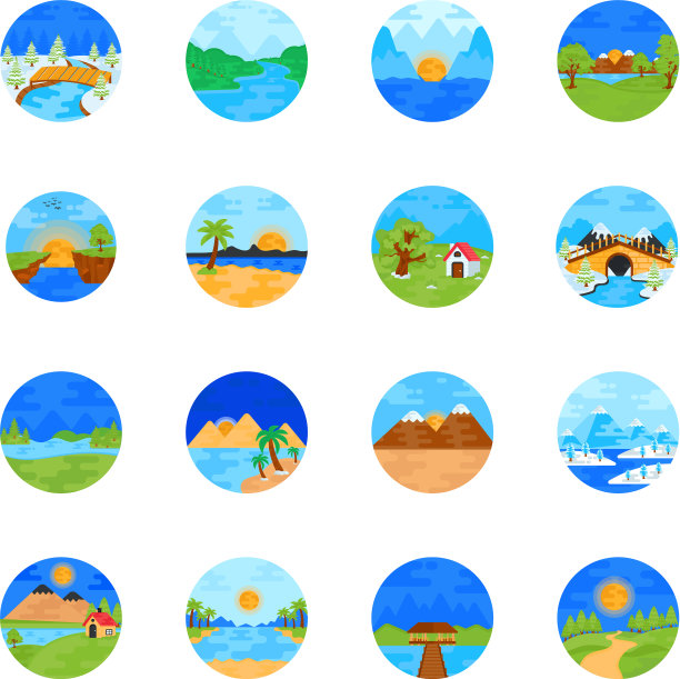 设置自然景观在平坦的圆形图标图片下载