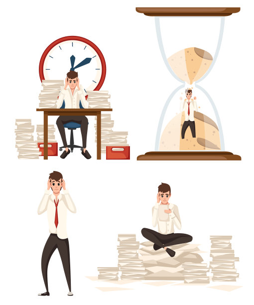 设定男人在办公室超负荷工作的卡通人物图片下载