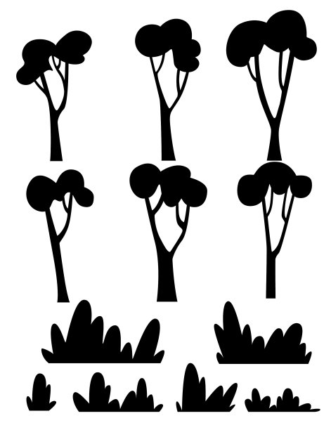 黑色的剪影使树木和灌木丛变得平坦图片下载
