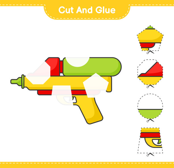 切割和胶水，切割水枪的部分，并胶水。教育儿童游戏，可打印的工作表，矢量插图图片下载