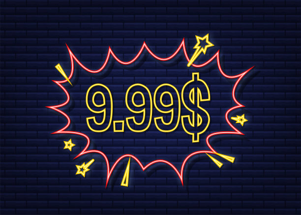 9、99美元的折扣标签。流行艺术，漫画风格。霓虹灯图标。矢量插图。图片下载