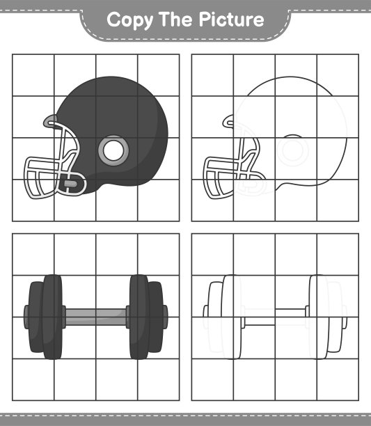 复制图片，复制图片的足球头盔和哑铃使用网格线。教育儿童游戏，可打印的工作表，矢量插图图片下载