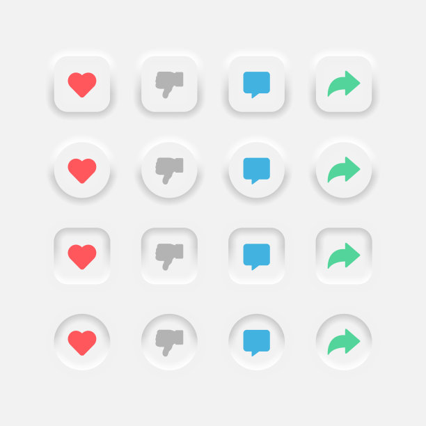 Neumorphism UI UX设计元素设置。矢量按钮喜欢不喜欢评论分享抽象灰色背景矢量插图EPS 10图片下载