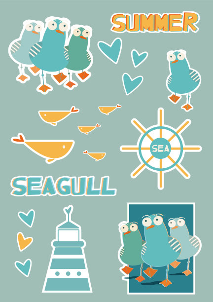 贴纸设置在一个有趣和愉快的海鸥的海洋主题图片下载