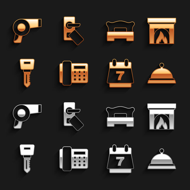 设置电话听筒，室内壁炉，覆盖托盘的食物，酒店预订日历，门锁钥匙，卧室，电吹风和数字图标。向量图片下载