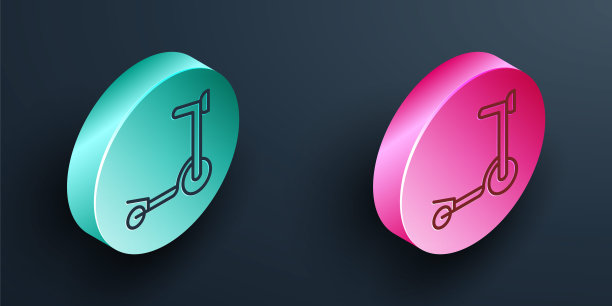 等距线滑轮滑板车为儿童图标孤立在黑色背景。踢踏板车或平衡自行车。蓝绿色和粉红色的圆形按钮。向量图片下载